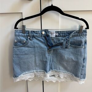 Princess Polly Light Blue Denim Mini Shorts with White Lace Trim